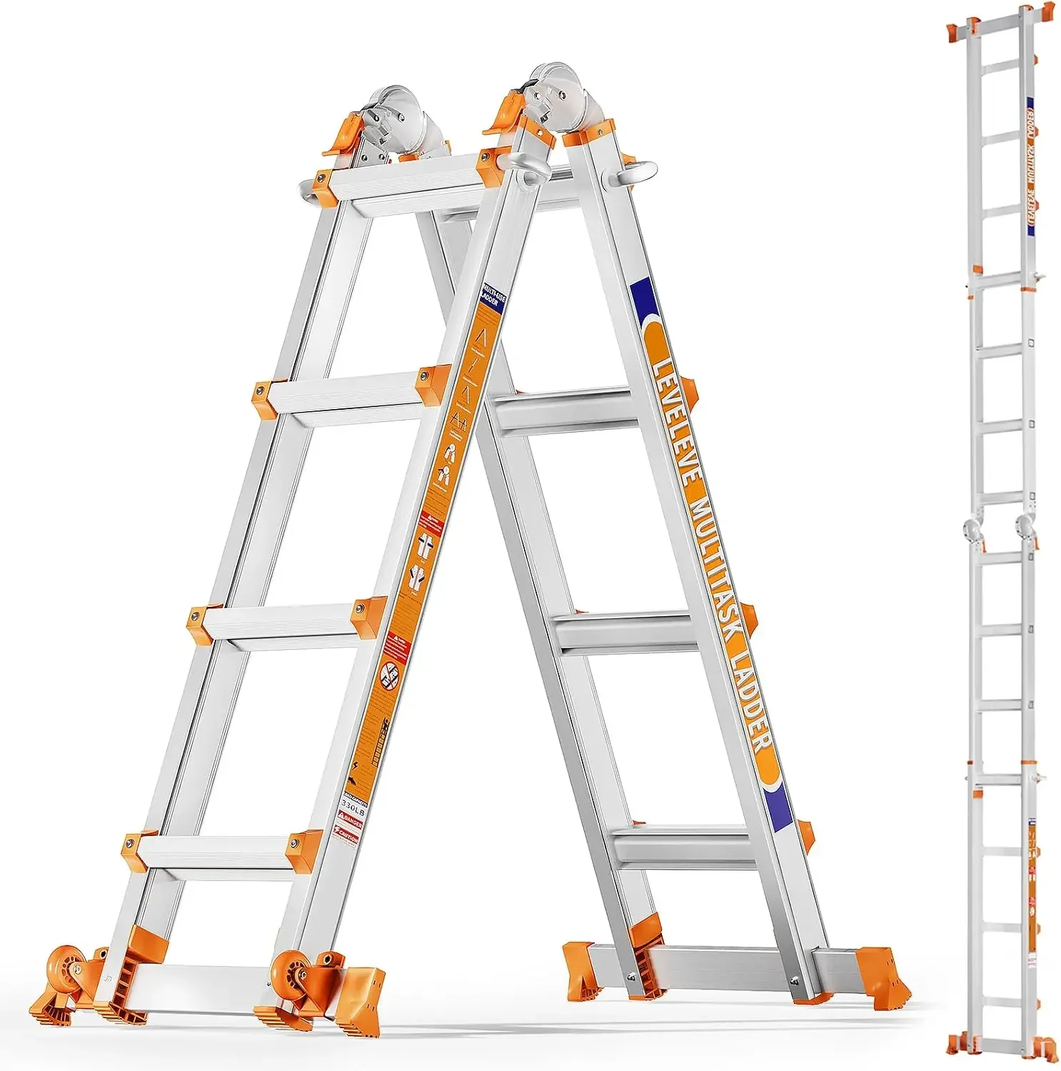 14FT Extension Ladder,A Frame 4 Step Ladder with Stabilizer Bar & Wheels,330 lbs Security Load Multi Position Ladder for Stairs