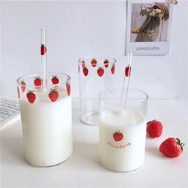 

300ml Strawberry Cute Glass Transparent Coffee Milk Water Cups Student Milk Heat Resistant Cold Drinks Without Straw Bar Tool