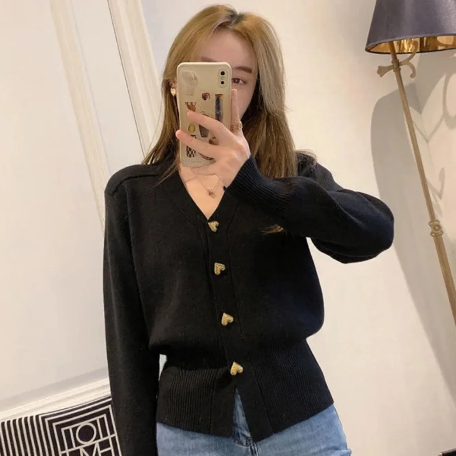 Long Sleeve V-Neck Knitted Cardigan Women Sweater Korean Fashion Coats Love Heart Buttons Spring Autumn Jacket Casual Tops