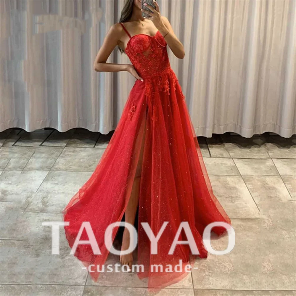 

Sexy Red A-Line Sweetheart Neck Evening Dress Sleeveless Pretty Prom Dresses High Split Side Party Dress Backless Robe De Soriee