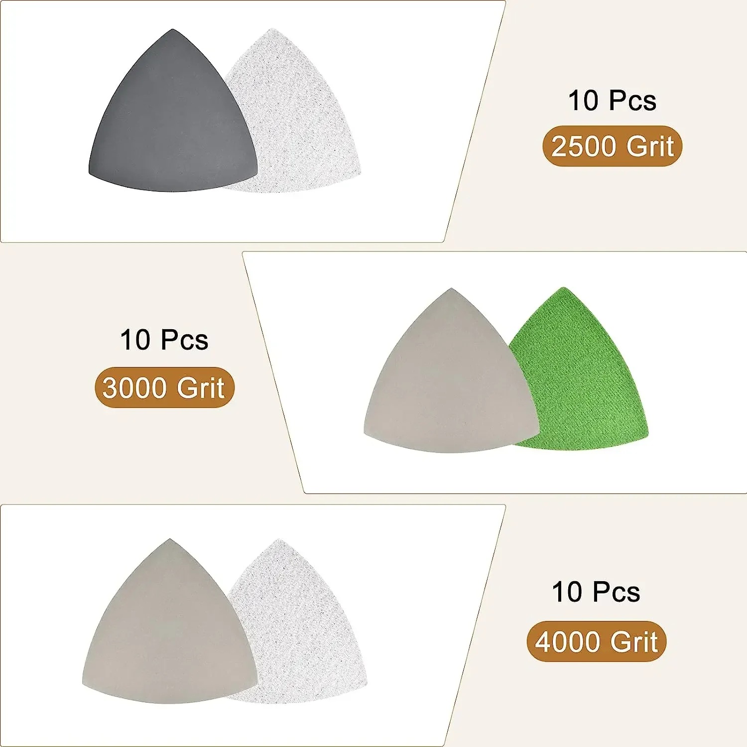 90X90X90 mm Triangle Wet and Dry  Sandpaper 30 Pcs Assorted 2500/3000/4000 Grit Hook and Loop Sanding Paper for Polishing Wood