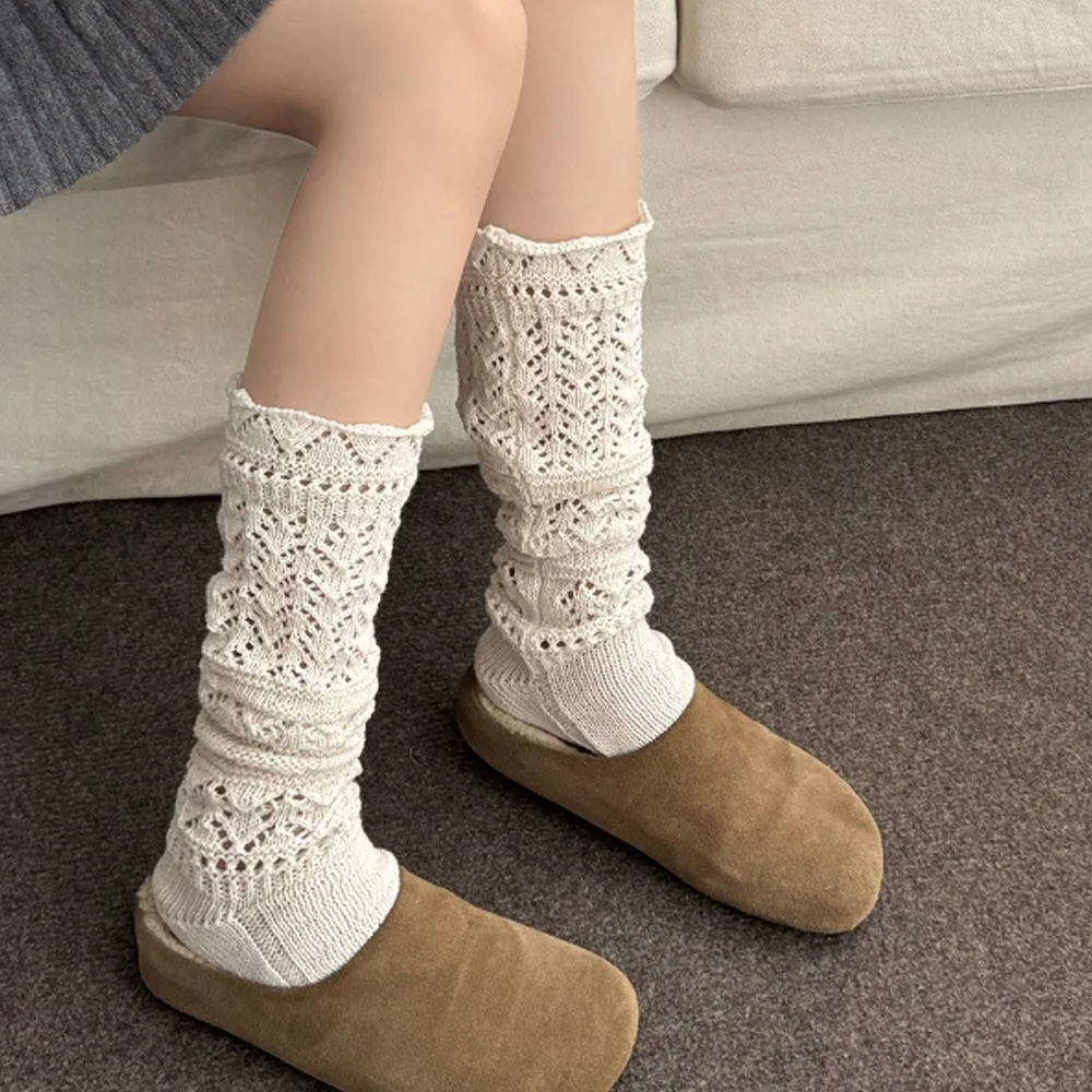 Lolita Wood Ear Edge Long Stockings for Women Autumn Breathable Mesh Thin Solid Color Long Hollow Loose Stacked Knee-socks Socks