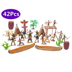 42Pcs Plastic Indian Cowboy Model Figures Toy Tent Totem Indians Miniature Playset Kids Children Gift Soldier Set Toys