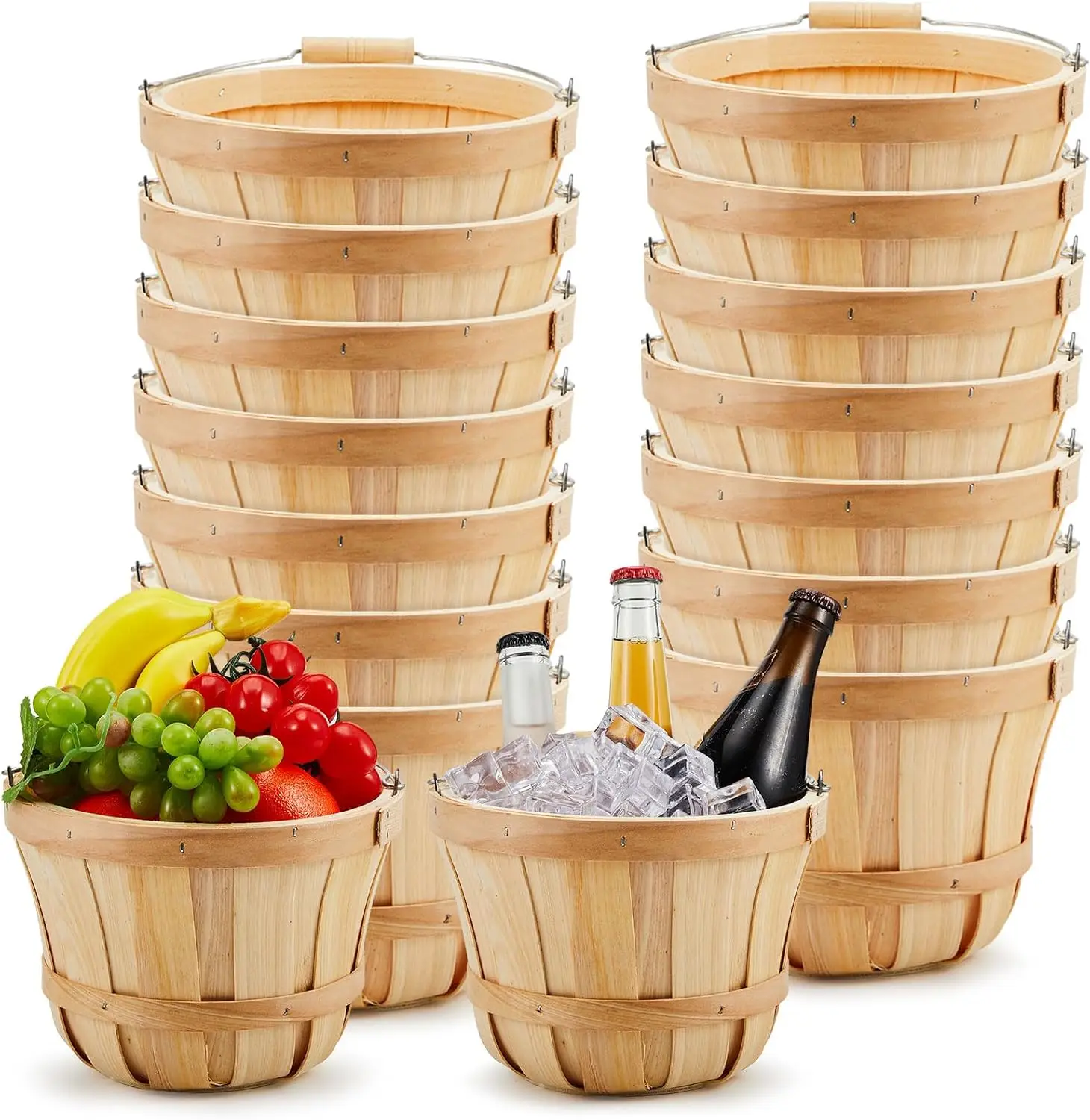 16 Pcs Round Wooden Berry Baskets Small Bushel With Handles Empty Fruit Buckets For Picking Strawberry Produce Flowers Crafts Home Decor Wedding Natural Wood