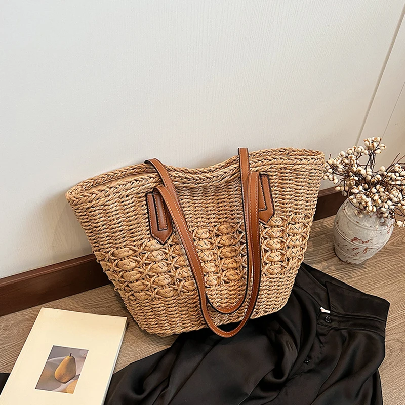 Elegant Ladies Straw Woven Handbag Women Holiday Beach Bag Casual Shopper Tote Top-Handle Bags Fashion Underarm Shoulder Bags