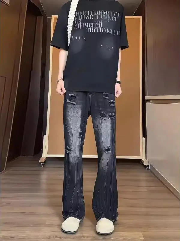 

Waed Vintage Lightning Pattern Men's Jeans High Street Straight Leg Pants Micro Flared Hole Ripped Frayed Poor Boy Pants