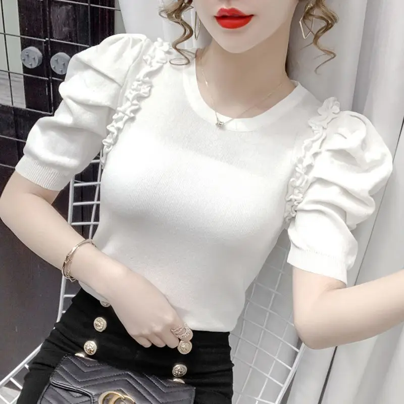 

2024 Summer New Puff Sleeves Short sleeved T-shirt for Women, Niche Versatile Ice Silk Knitted Top