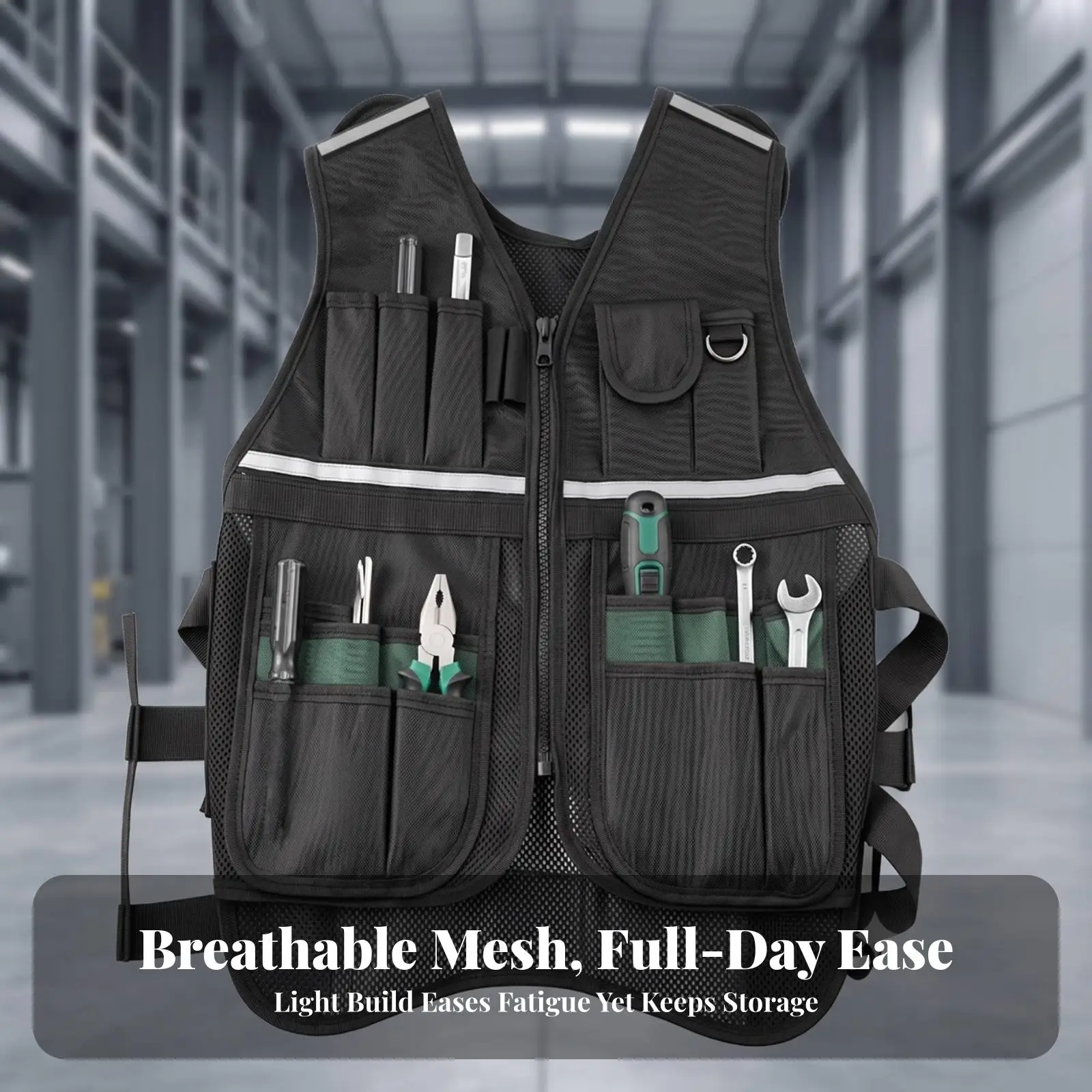 Multi Pocket Utility Vest for Construction with Adjustable Shoulder Straps and Side Buckles Mesh Material Workwear Vest