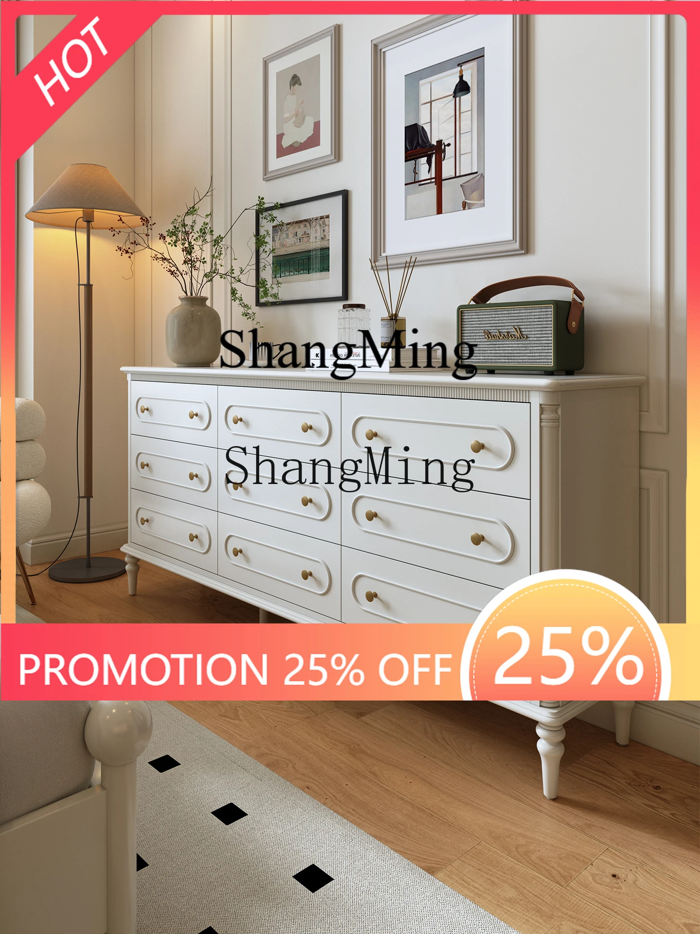 

CL wood bedroom five buckets drawers cabinet master bedroom bedside storage living room cream wind