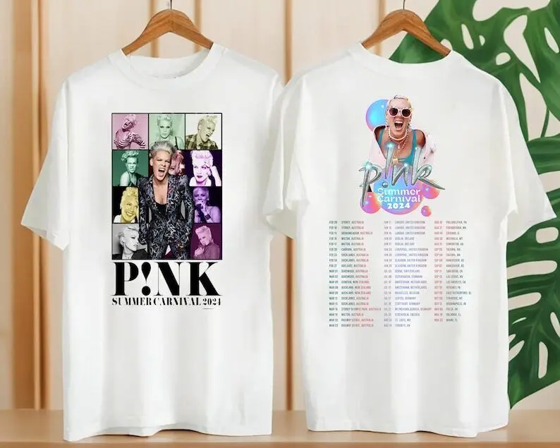 Camiseta gráfica rosa na excursão, camisa do carnaval do verão, P!NK, 2024