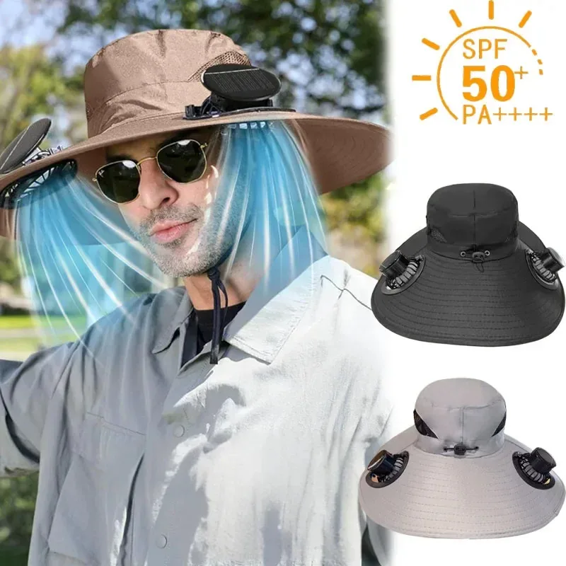 Outdoor Summer Sun Hat With 2 Fan Large Brim Windproof Strap Solar Or USB Charging Anti UV Sun Fishing Cap