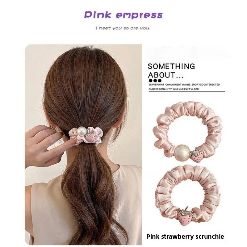 1/2/4 Girl Pink Strawberry Pearl Satin Hair Rope High Elasticity Comfy Basicseasiest for Match No Harm To Hair Rubber Band