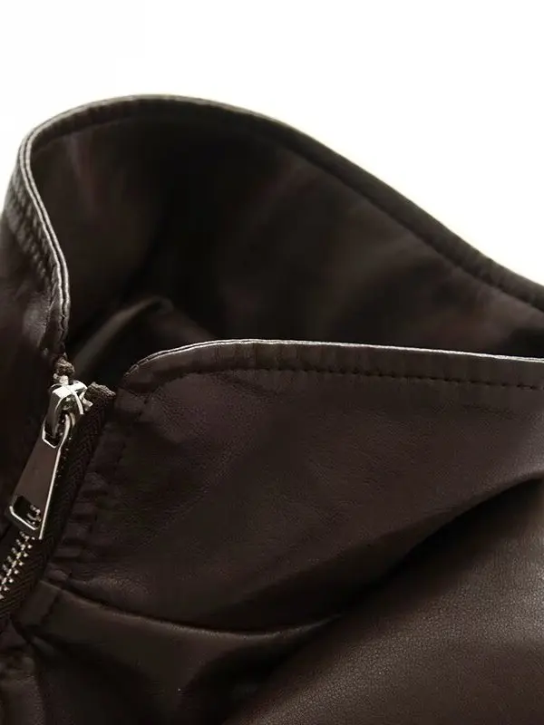 Faion feminino couro pu motociclista jaet falso agasalho de duas peças elástico gola com zíper solto ajuste longo casaco sve