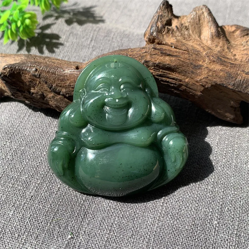 Hetian , , Spinach Green , Female Pendant, Large-Bellied Maitreya , Laughing Buddha Jade