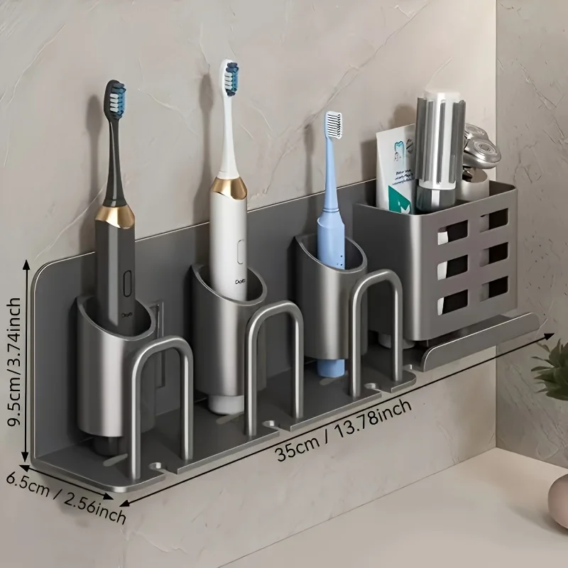 No Drill Wall Mounted Toothbrush Holder With Storage Slots Space Saving Bathroom Organizer Electric Toothbrushes Razors Storage