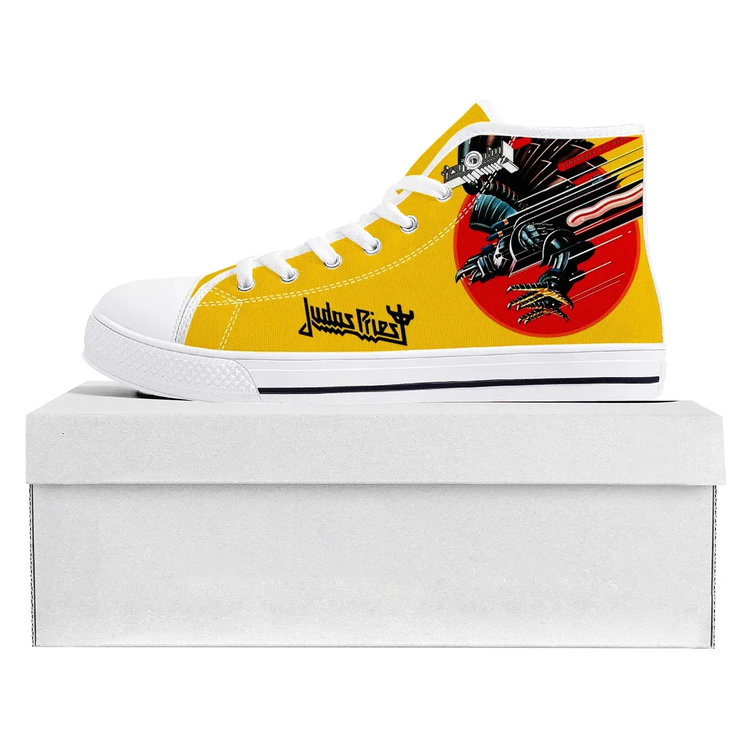 Judas Priest Heavy Metal Rock Band zapatillas altas de alta calidad para hombre y mujer, zapatillas de lona para adolescentes, zapatos para parejas, zapatos personalizados