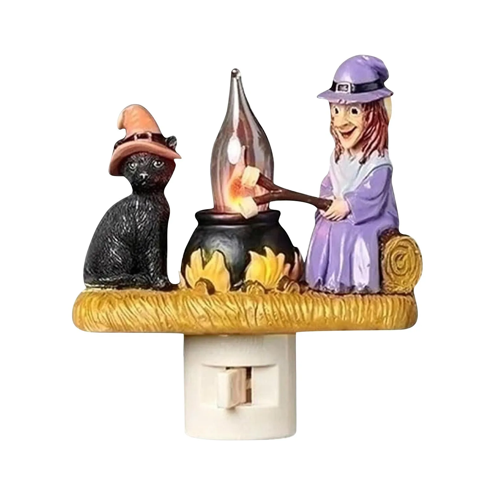 Cat And Witch Campfires Flickering Nightlight,3D Cat And Witch Fire Marshmallow Night Light,4in LED Fake Campfires Night Lights