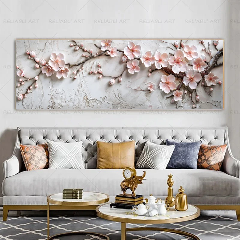 2d Flat Elegant Pink Cherry Blossom Flowers On Branches Poster,Abstract Floral Canvas Paintings,Home Decor Gift No Framed Pictur