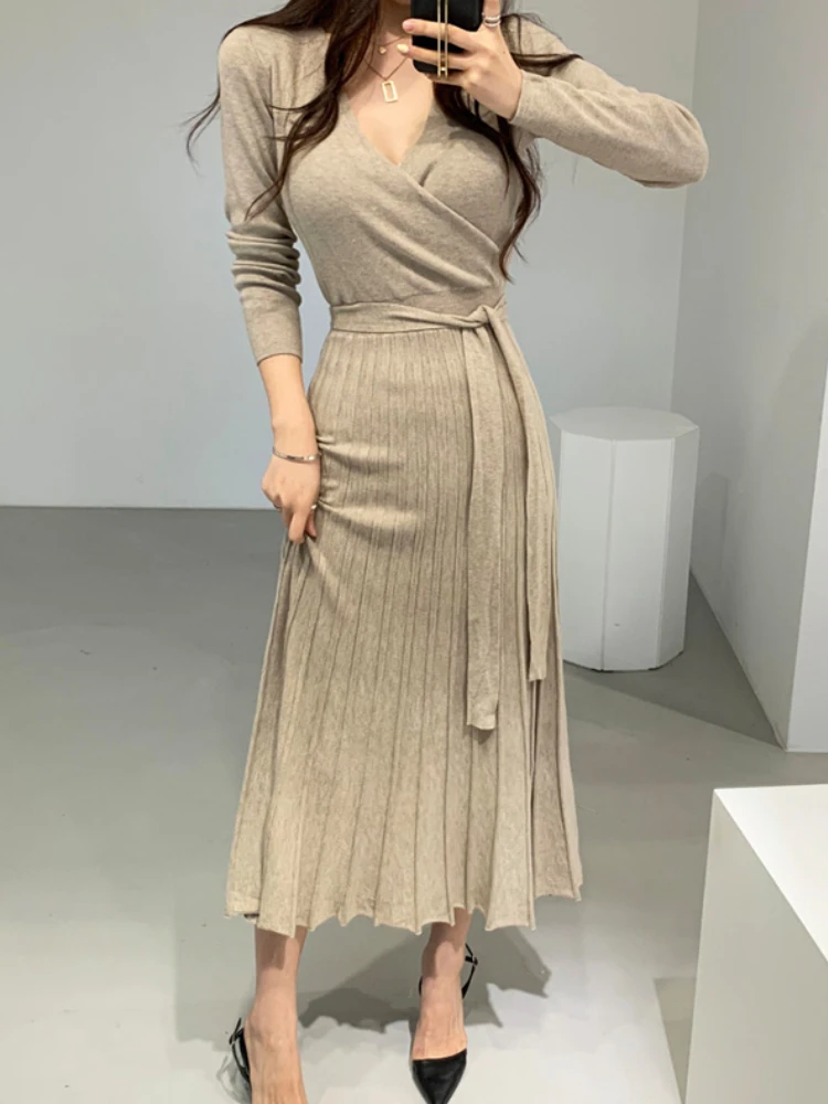 Stretchy Women Knitted Bodycon Pencil Dress New 2022 Autumn Winter Solid Vestidos Long Sleeve V Neck Slim Lady Chic Korean Dress