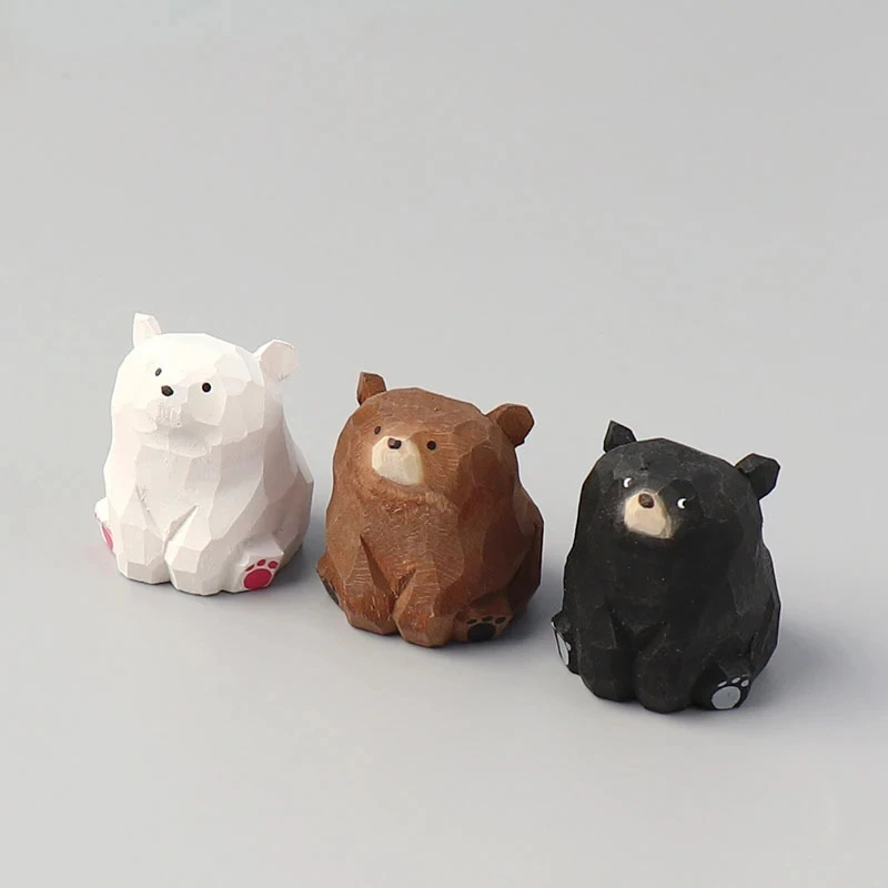 1Pcs Cute Mini Wooden Bear Solid Wood Hand Carved Bear Figurines Miniature Polar Bear Crafts Ornaments Tabel Decorate Kids Gifts