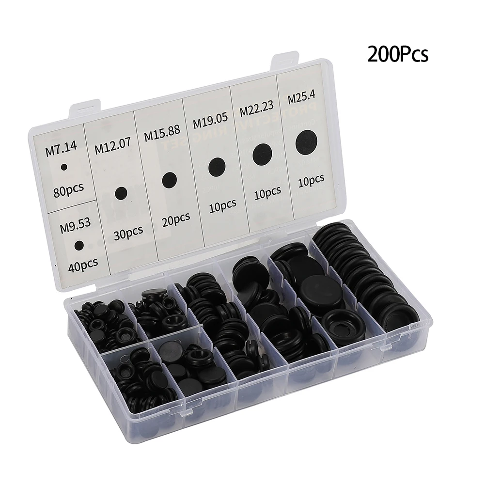 

Open/Closed Rubber Grommet 200PCS Assorted Size Assortment Kits Black Blanking Grommets Blind Plug Rubber Tools