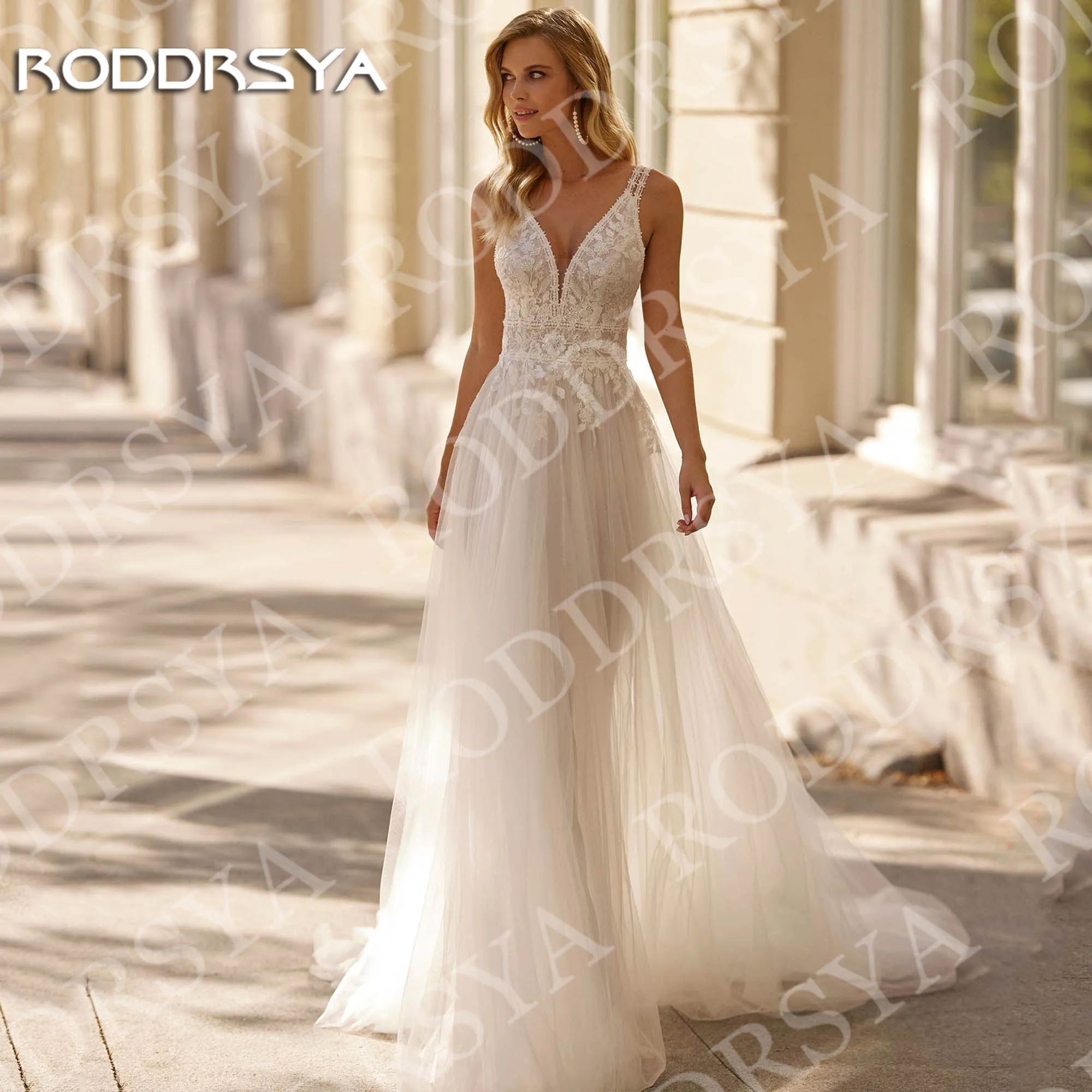

RODDRSYA Customized Elegant A Line Wedding Dresses V Neck Spaghetti Straps Open Back Bridal Gown Tulle Woman suknia ślubna 2025