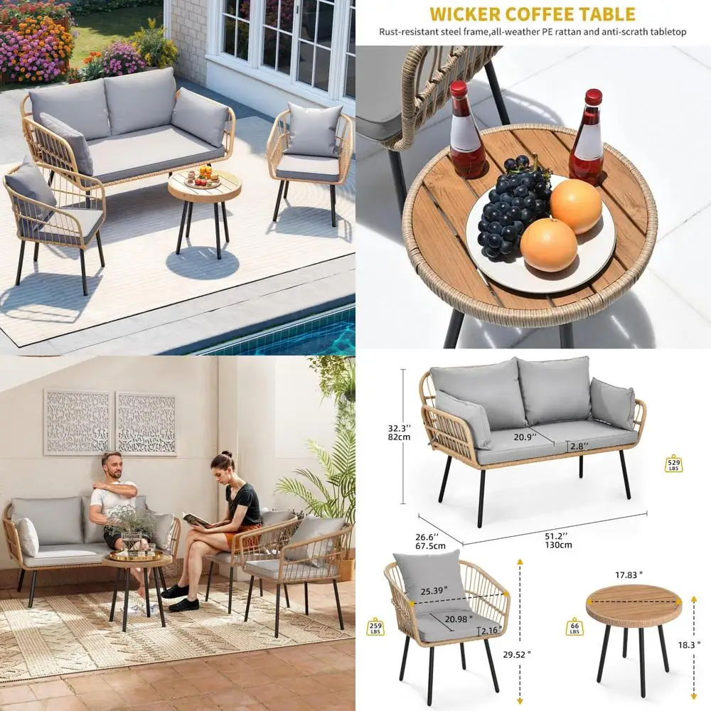 

4-Piece Bohemian Outdoor Wicker Bistro Set with Weather-Resistant Rattan Loveseat and Chairs, Includes Table