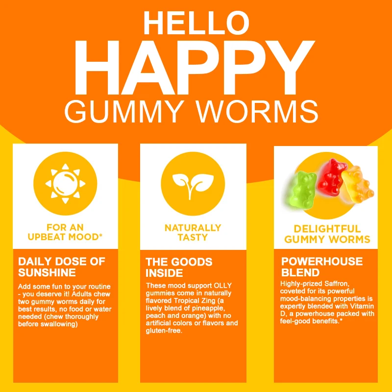 Hello Happy Gummies Mood Balance Support, Vitamin D, Saffron High Absorption Formula