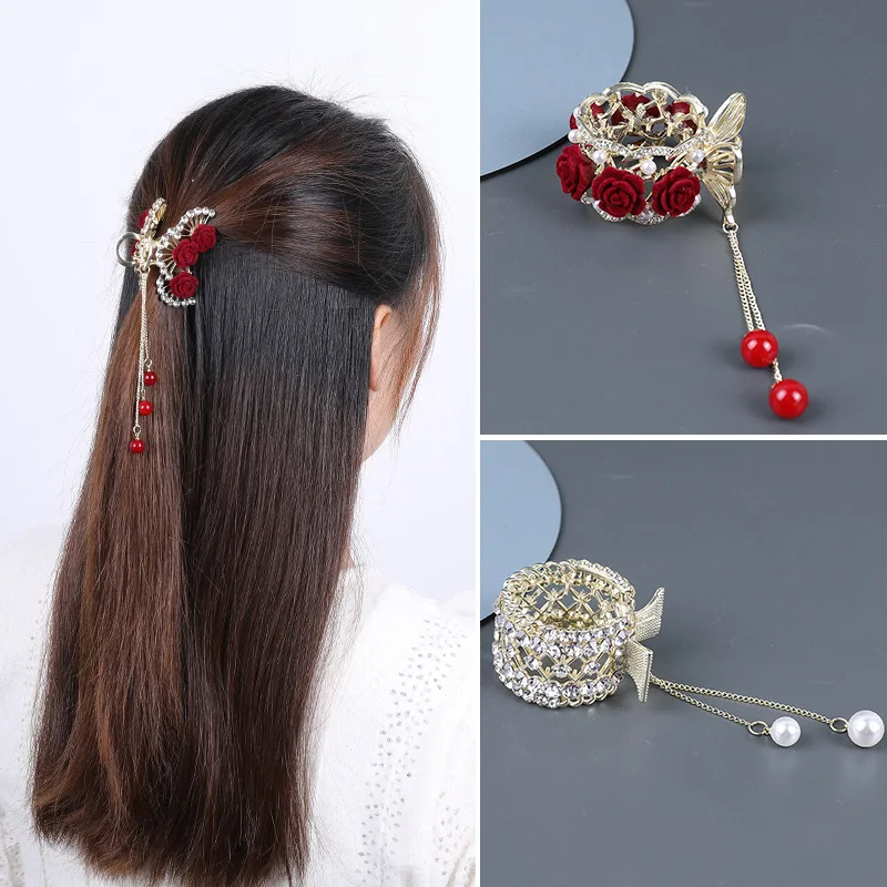 Red Flocked Tassel Rose Grasp Clip Chinese Style Hanfu Headdress Female Ponytail Rhinestone Hair Claw Elegant Fashion  Hairpin