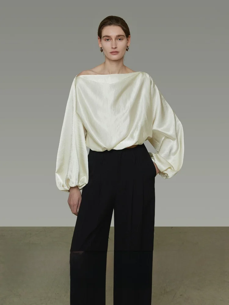 

Silk Satin Asymmetrical Shoulder Long Sleeve Shirt Women's Simple Elegant Style Unsspoken 2026 New Arrival Casual Wear