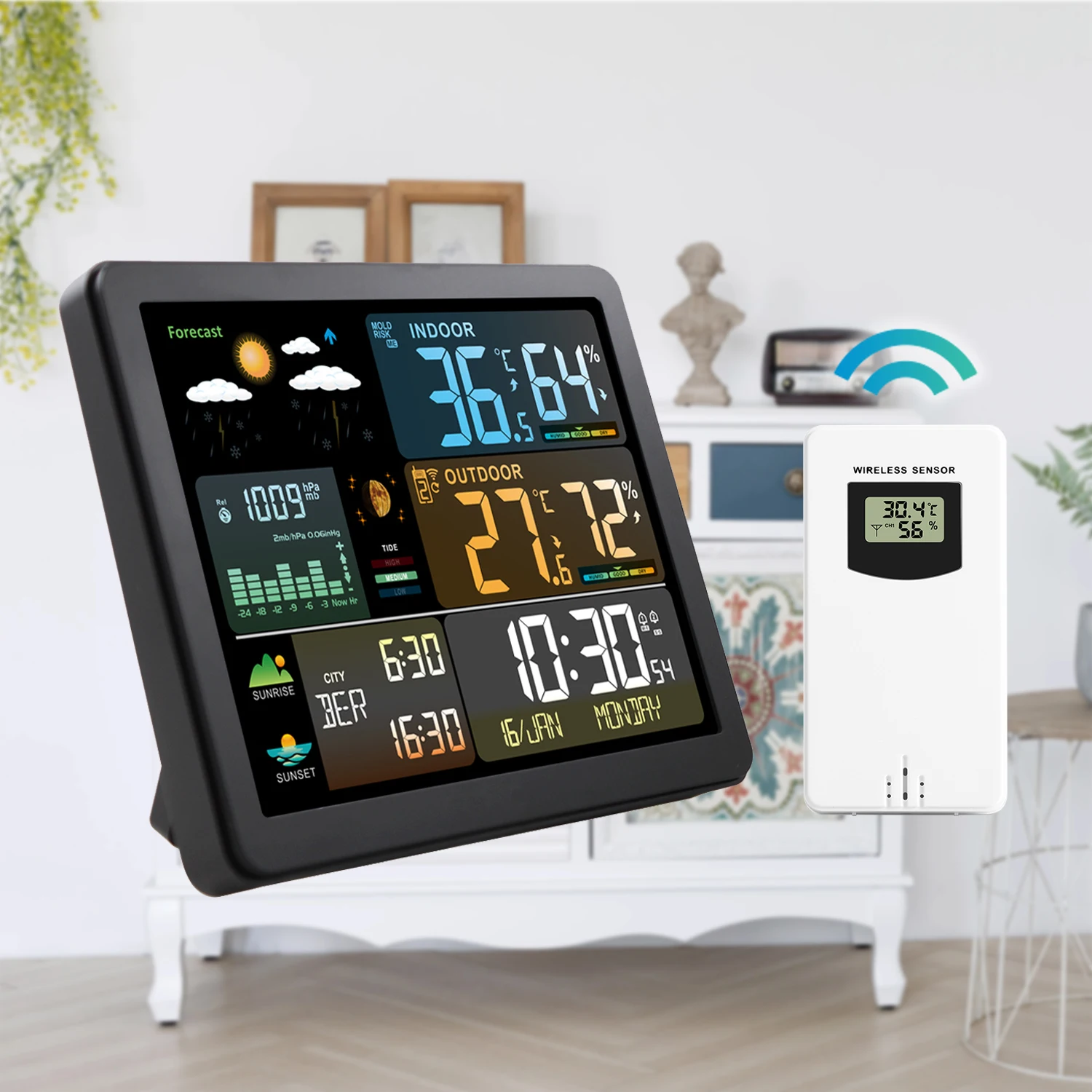 Alarm Clock Digital Weather Forecast Temperature Humidity Electronic Sunrise Sunset Time Wall Table Watch Wireless Meter Decor