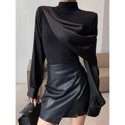 MEXZT Elegant Black Shirts Women Fashion Luxury Patchwork Blouses Office Ladies Korean Long Sleeve Slim Chic Design Tops New