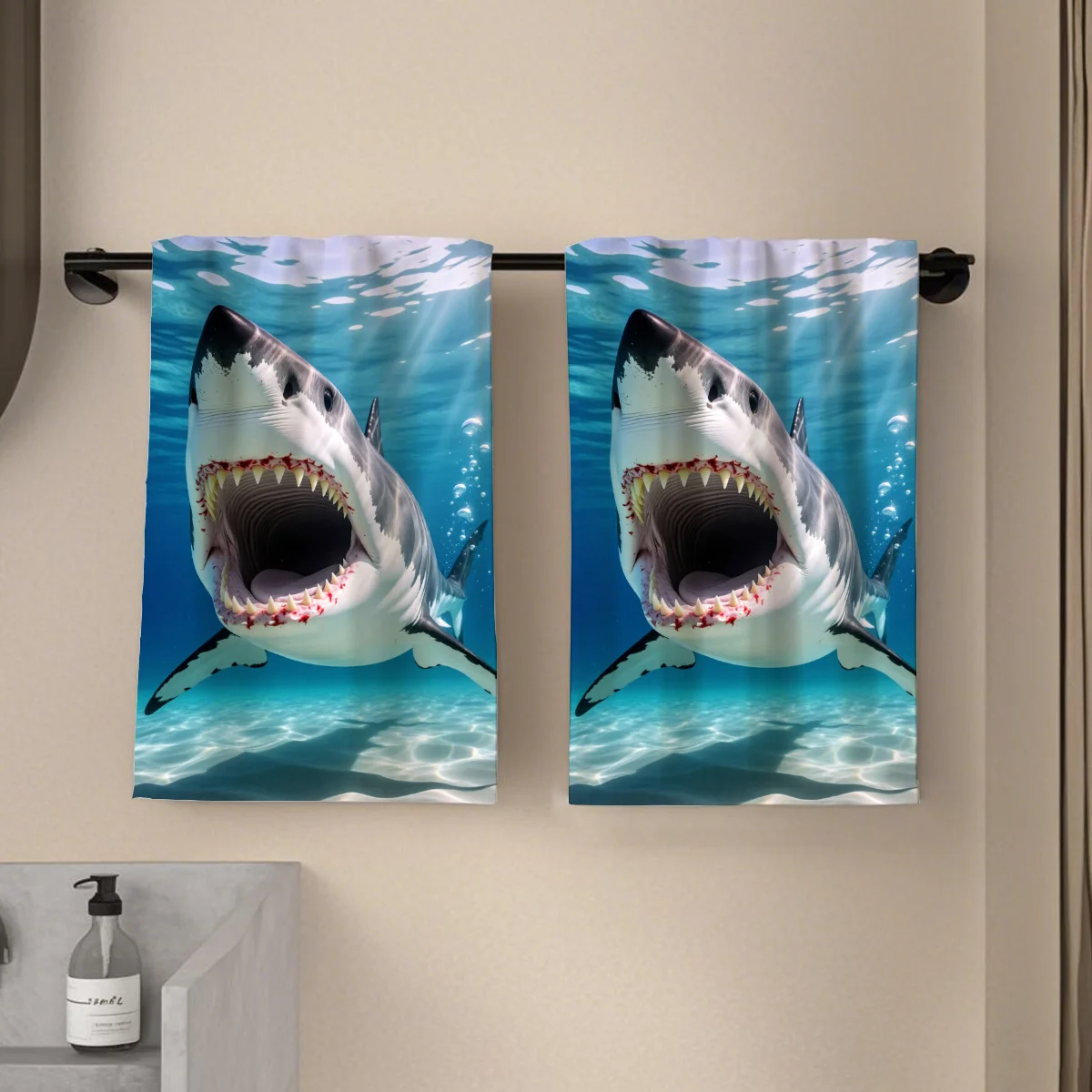 2Pcs, towel, single-sided printed hand towel, realistic great white shark 2D pattern, soft, comfortable and durable without odor