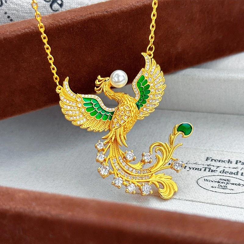 

Classic Chinese Style Kt18 Gold Color Enamel Colored Dot Diamond Pearl Phoenix Necklace for Bride Birthday Wedding Jewelry Gifts