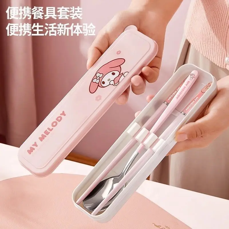 Anime Cartoon Kawaii Sanrio 2026 Hello Kitty Melody Cinnamoroll Portable Student Tableware Suit Stainless Steel Chopsticks Spoon view 5