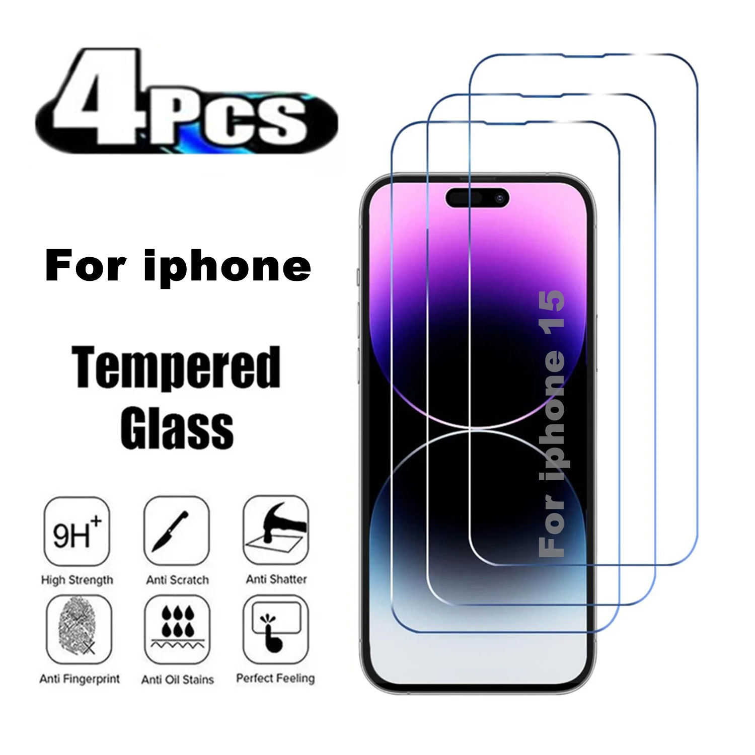 

4Pcs 9H Tempered Glass Film For iPhone 15 14 Pro Max 15 14 Plus HD Screen Protector Glass