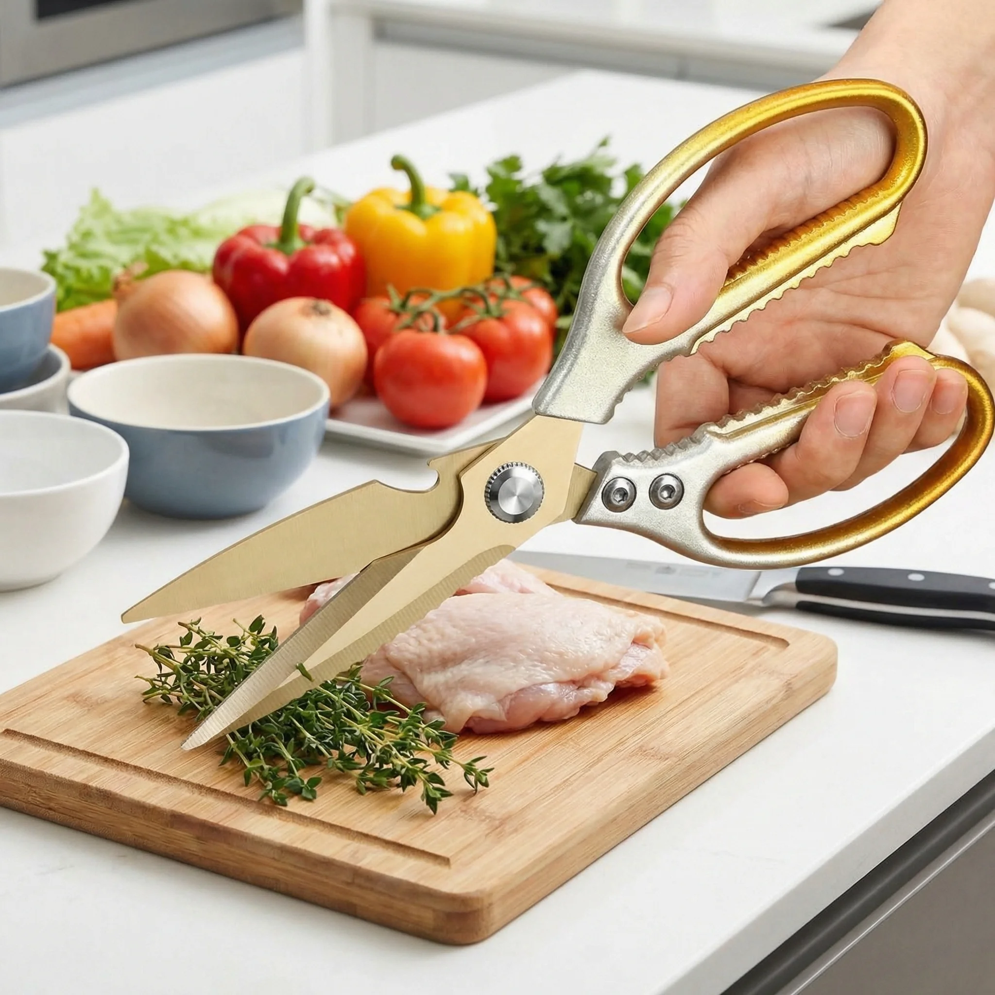 

New Gradient Gold Kitchen Scissors - Heavy Duty Shears for Chicken Duck Bones & Fish, Multi-Purpose Cooking Tool with Anti-Slip