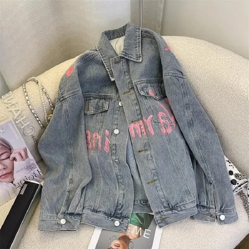 2023 Spring Autumn Season Letter Printing Graffiti Denim Coat Women Fashion Loose Sleeve Denim Jacket Womens Top Outerwear