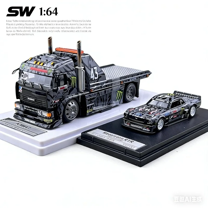 

Модель автомобиля SW 1:64 Ford Mustang Hoonicorn RTR с модифицированным прицепом KamaZ, статическая, из сплава, имитация, подарок для мальчиков на праздник.