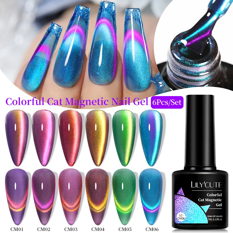 LILYCUTE 6Pcs/Set 7ml 9D Double Light Rainbow Cat Magnetic Gel Nail Polish Sparkling Fireworks Colorful Soak Off Nail Art Gel Va