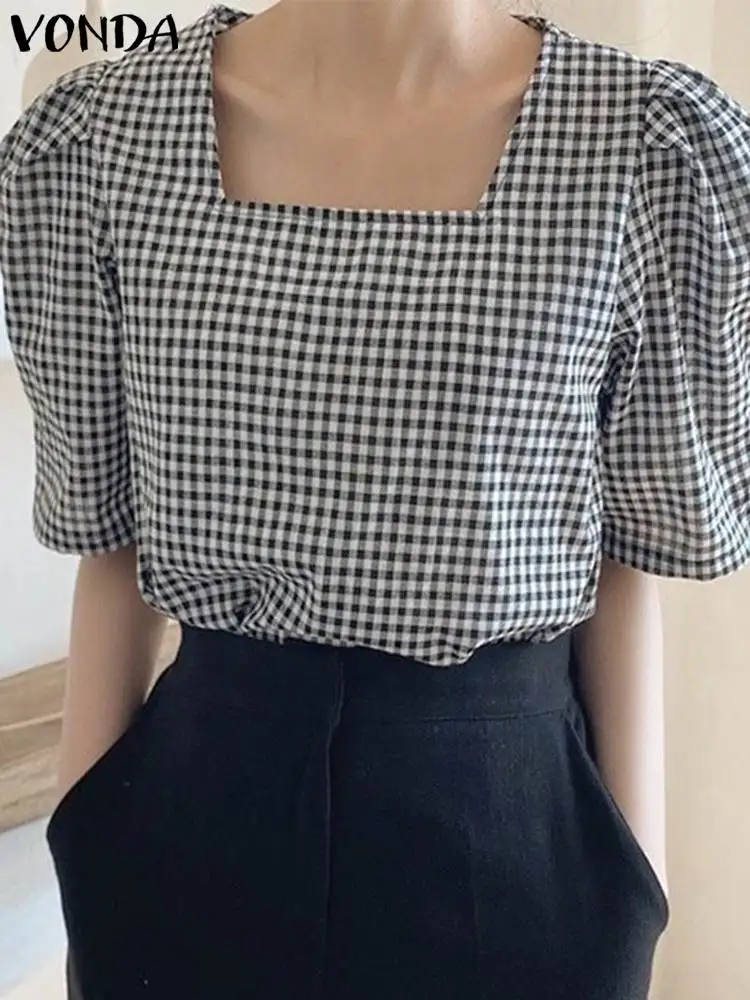 VONDA Summer Women Fashion Plaid Blouse Casual Short Puff Sleeve Shirts 2024 Vintage Square Collar Loose Tunic Tops Blusas Femme