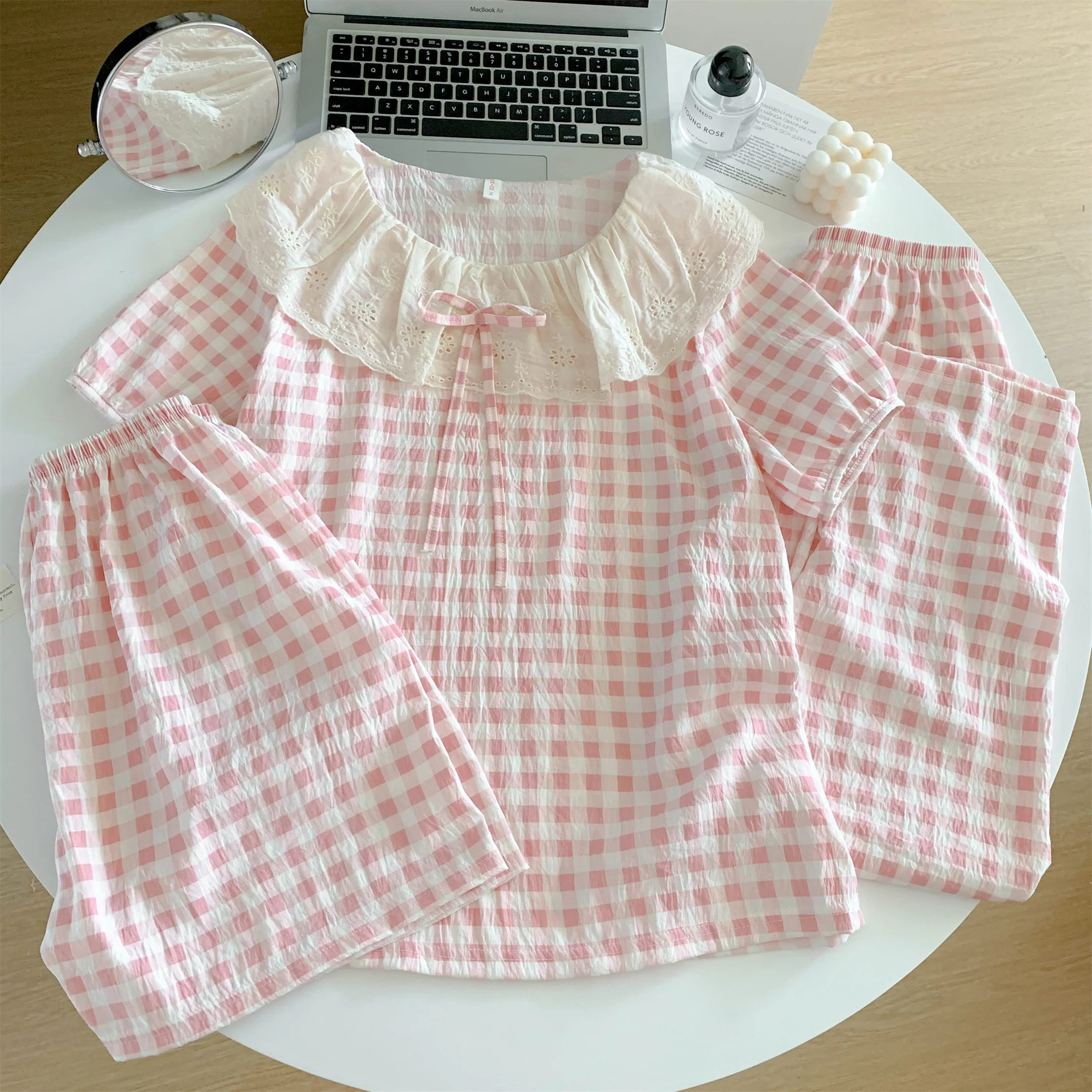 

Lace Round Lapel Short Sleeve Women Pajamas Set Summer Sweet Pink Grid Sleepwear Pants Cloud Cotton Female 3 Piece Pyjamas Suit