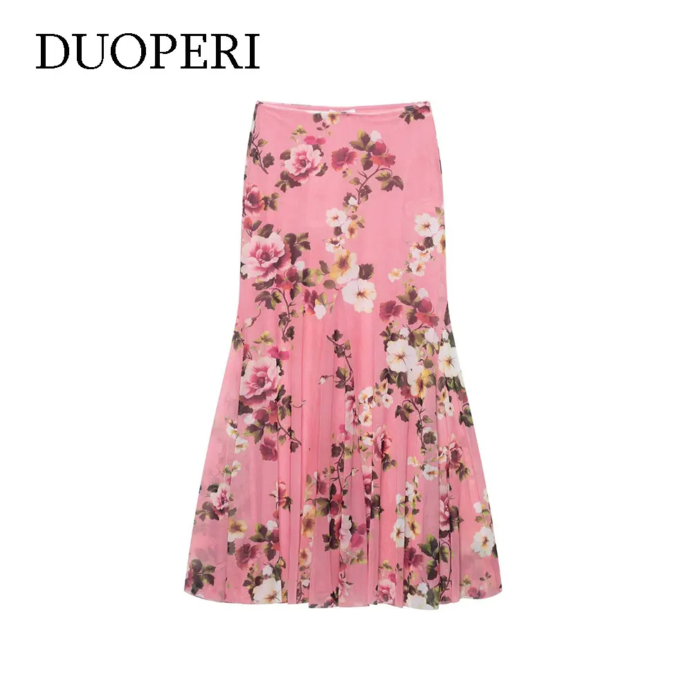 

DUOPERI Women Faldas Fashion Tulle Printed Pleated Midi Skirt High Elastic Waist Female Casual Chic Lady Skirts