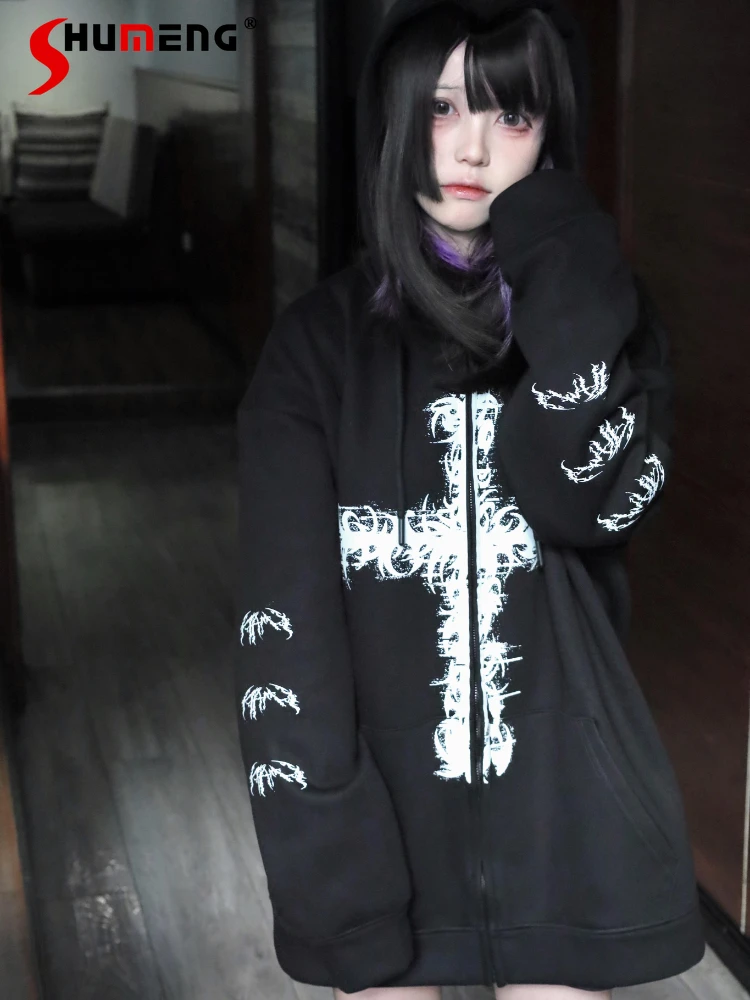 Japanese Mine Style Subculture Goth Cross Printed Long Sleeve Cotton Warm Velvet Loose Black Sweatshirts Zip Hoodie Women Autumn