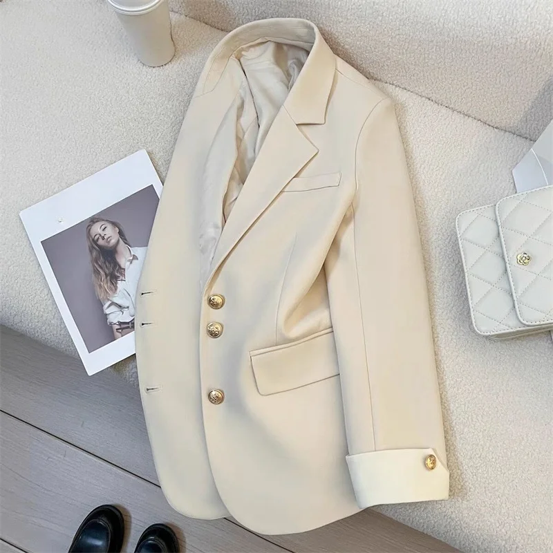 Blazer Block Color Suit Metal Jacket Hepburn Style Coat Women Clothing Autumn Elegant Casual All-match French 2024 Lady Trend