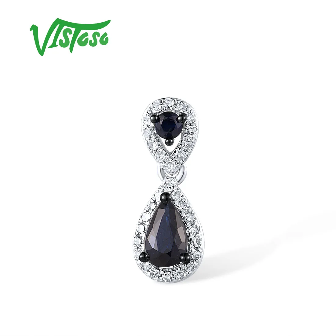 

VISTOSO Genuine 14K 585 White Gold Pendant For Women Sparkling Blue Sapphire Diamond Pendant Simple Style Elegant Fine Jewelry
