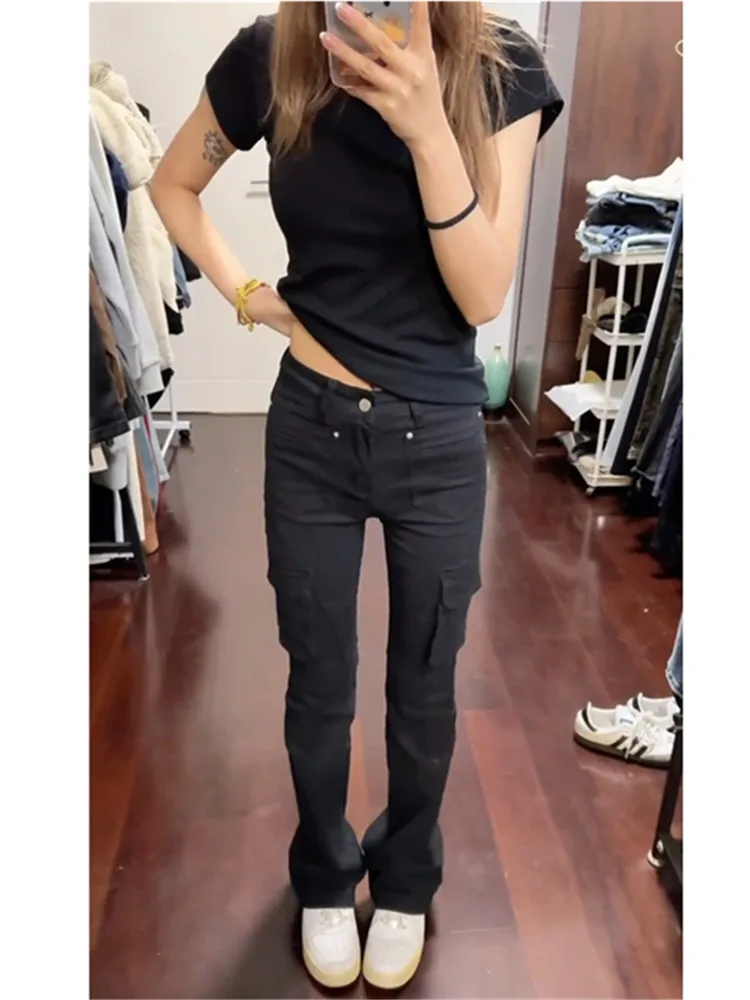 

American Retro Low Waist Black Bell Bottom Jeans Women's Spring Summer Slimming Long Workwear Pants High Waist Bootcut