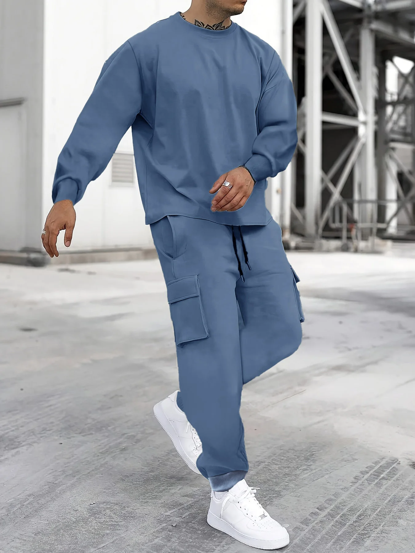 

Men's 2 Piece Solid Color Sport Outfits, Haze Blue Crew Neck Sweatshirt & Cargo Jogger Pants Set