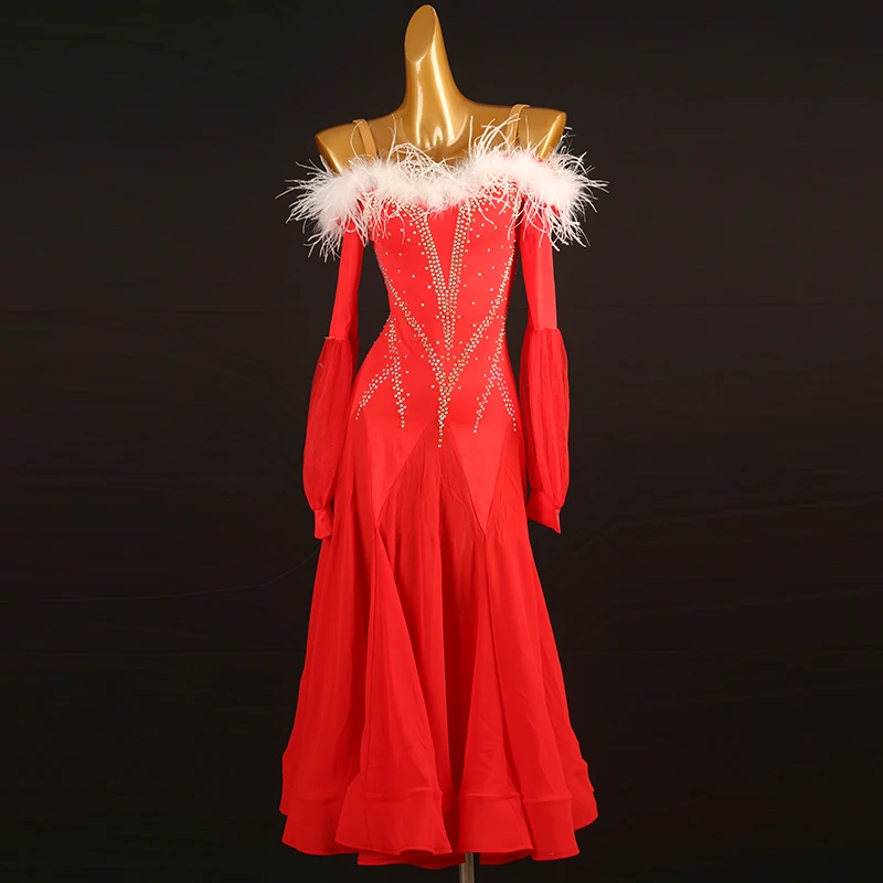 

High Quality Competition Ballroom Dance Dress Standard Feathers Ball Gowns Suspenders Rhinestones Long Sleeves Red Wear Waltz