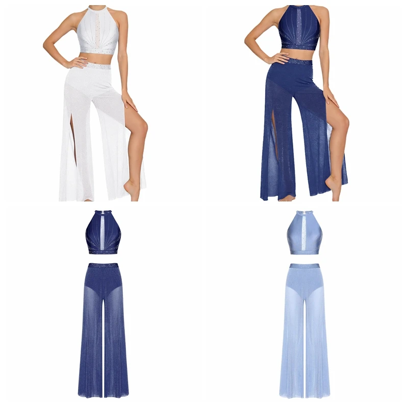 

Elegant Womens Sleeveless Modern Dance Costume Lyrical Dance Dress Ballet Artistic Skating Outfit Adults Rhinestones Dancewear